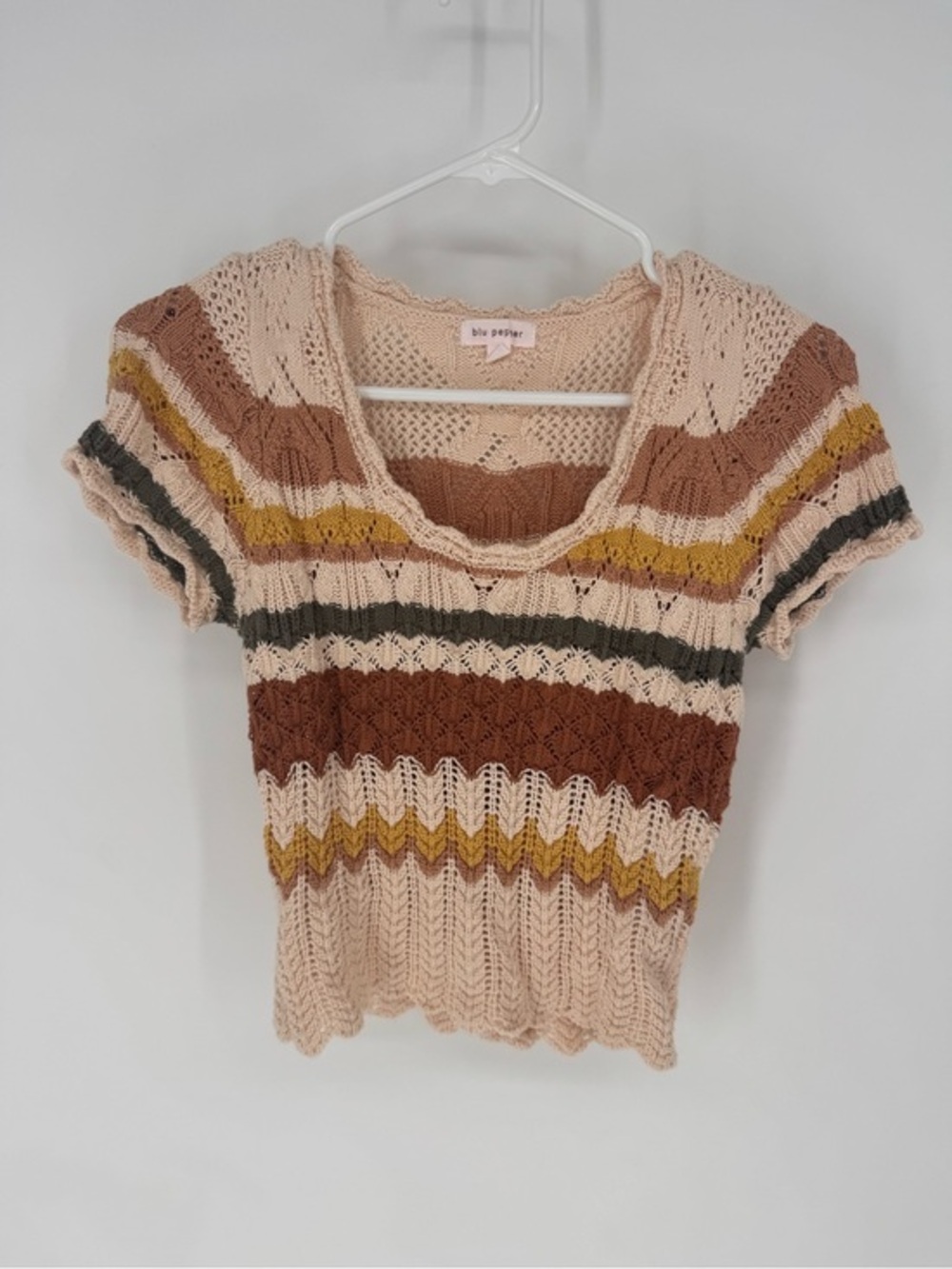 Blu Pepper Striped Crochet boho bohemian Knit Top in Peach, Pink & Rust
